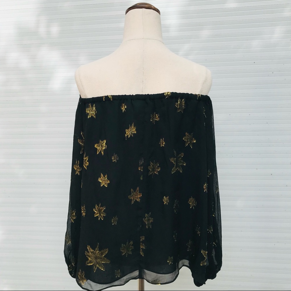 BEC & BRIDGE Black Sheer Cold Shoulder Top Silk Gold Stars  Casual Dressy Size 8 - Picture 5 of 8